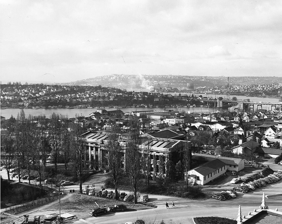 Birds-eye view looking southwest over Architecture Hall, February 1951