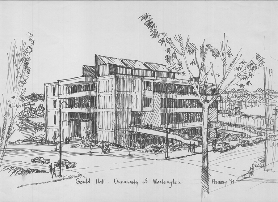 Pen-and-ink rendering of Gould Hall