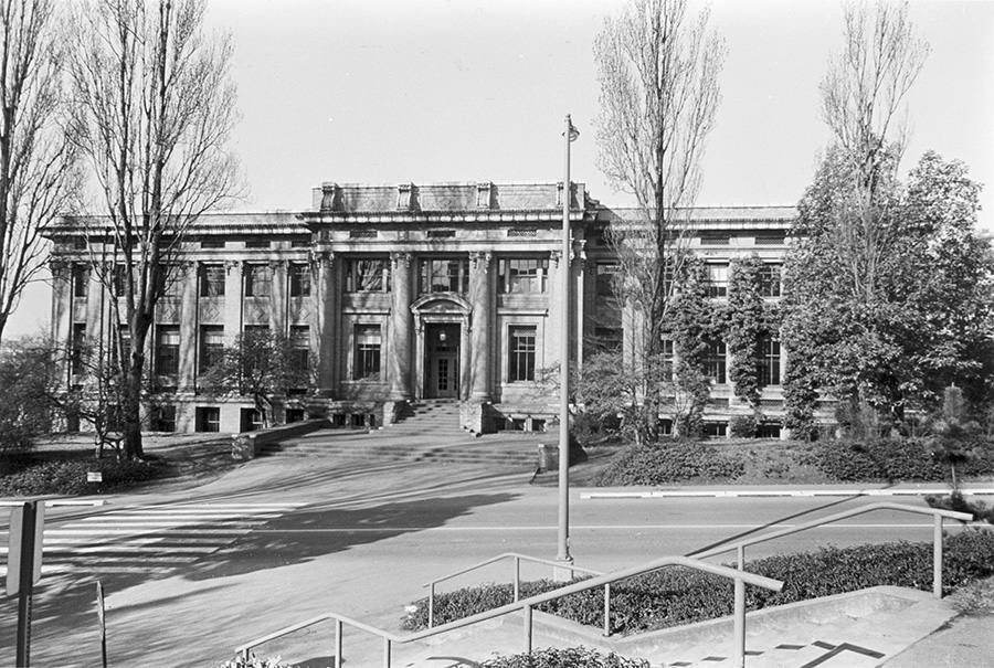 Architecture Hall exterior, east side from across Stevens Way, University of Washington, March 1962