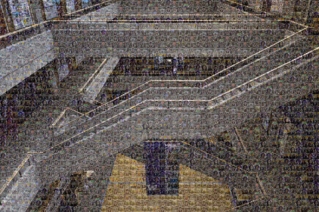 Mosaic image of many photos creating an image of the inside of Gould Hall
