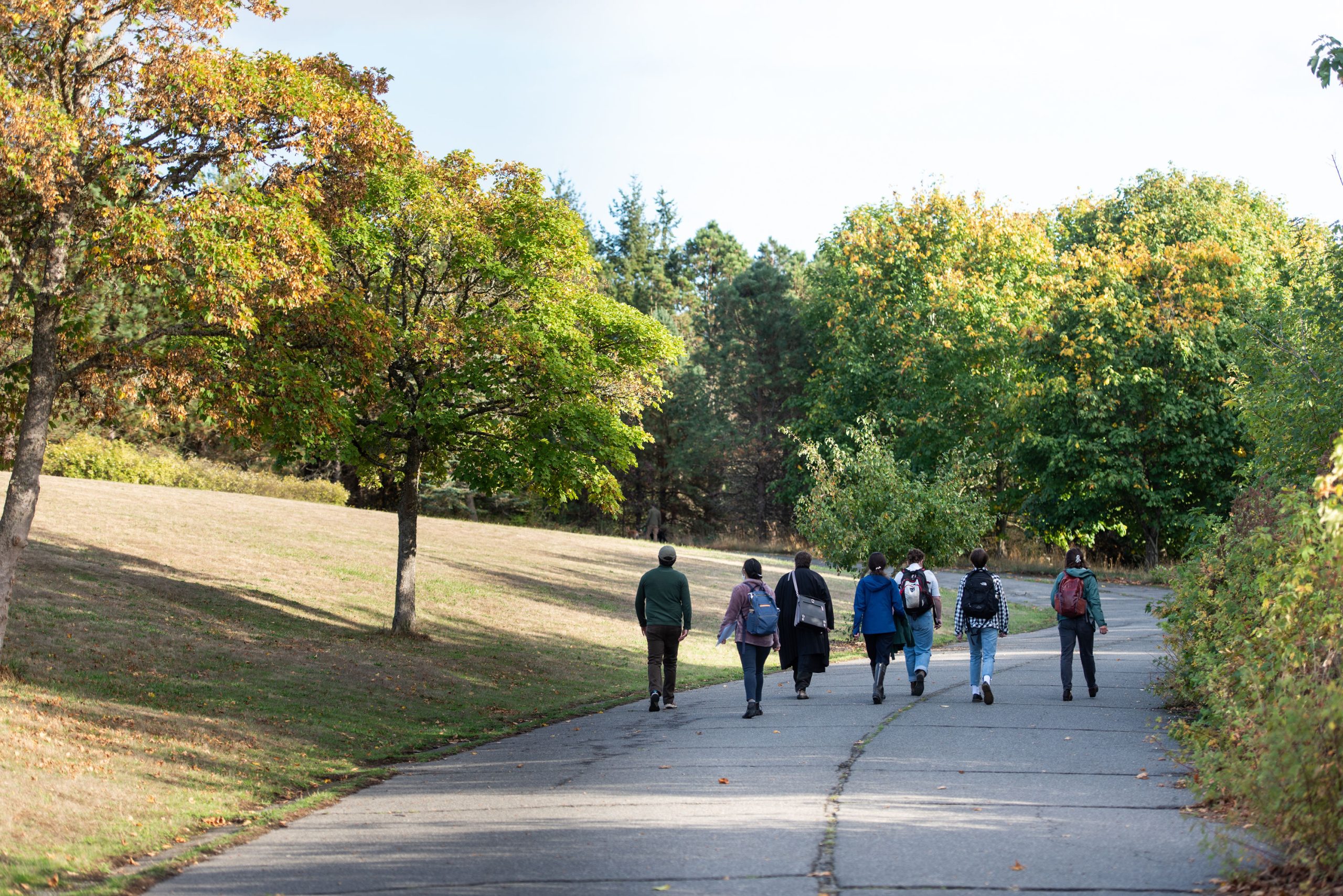 Students walking away through a park