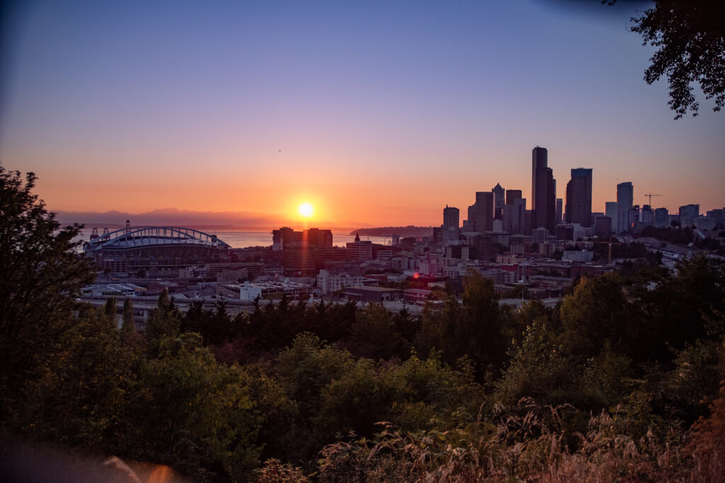 View of downtown Seattle at sunset from Dr. Jose Rizal Park in Beacon Hill