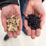 Hands palm up, wood pellets in left, black carbon pellets in right