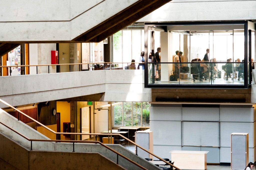 Interior of Gould Hall and Gould Gallery with people in it