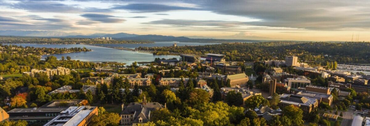 Aerial view of the University of Washington campus looking toward Lake Washington