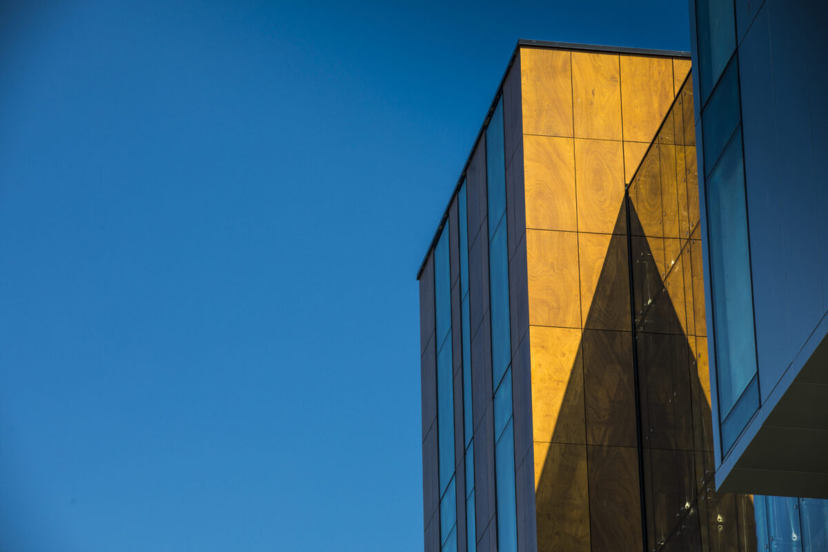 Side of Life Sciences Building with sun shining on it