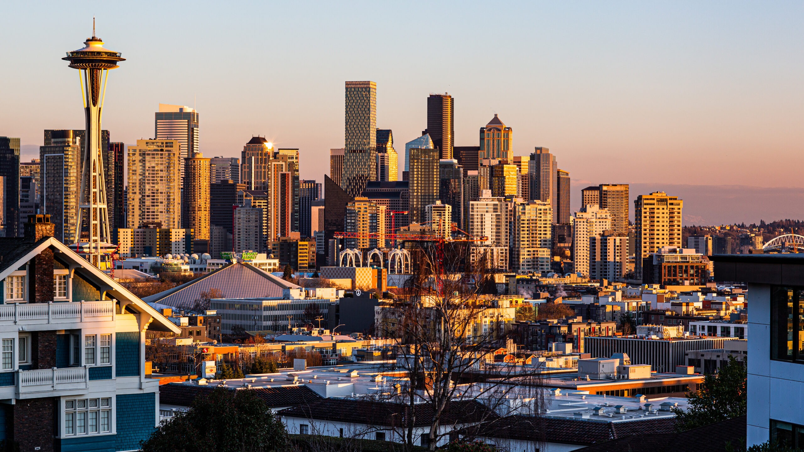 View of downtown and Space Needle at sunset