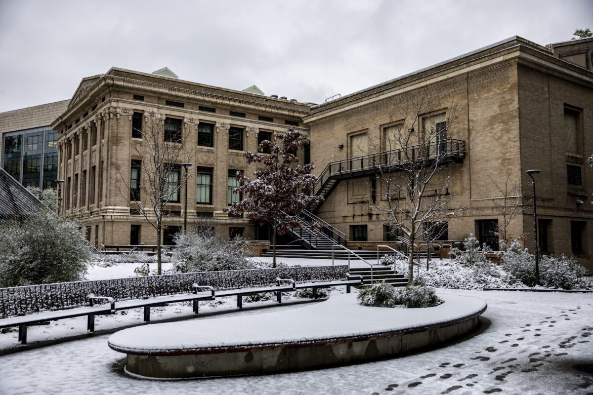 Snow on the UW campus at the back of Architecture Hall