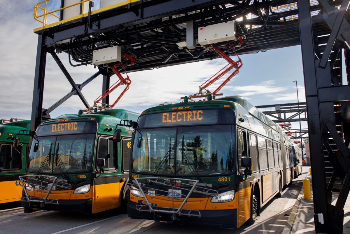 A King County Metro battery-electric bus being charged at South Base Charging Facility.