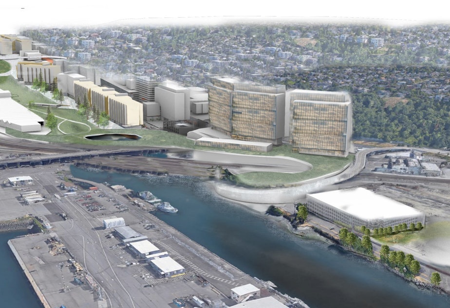 A rendering of an aerial view of Smith Cove, a proposed new neighborhood in Seattle's Interbay area