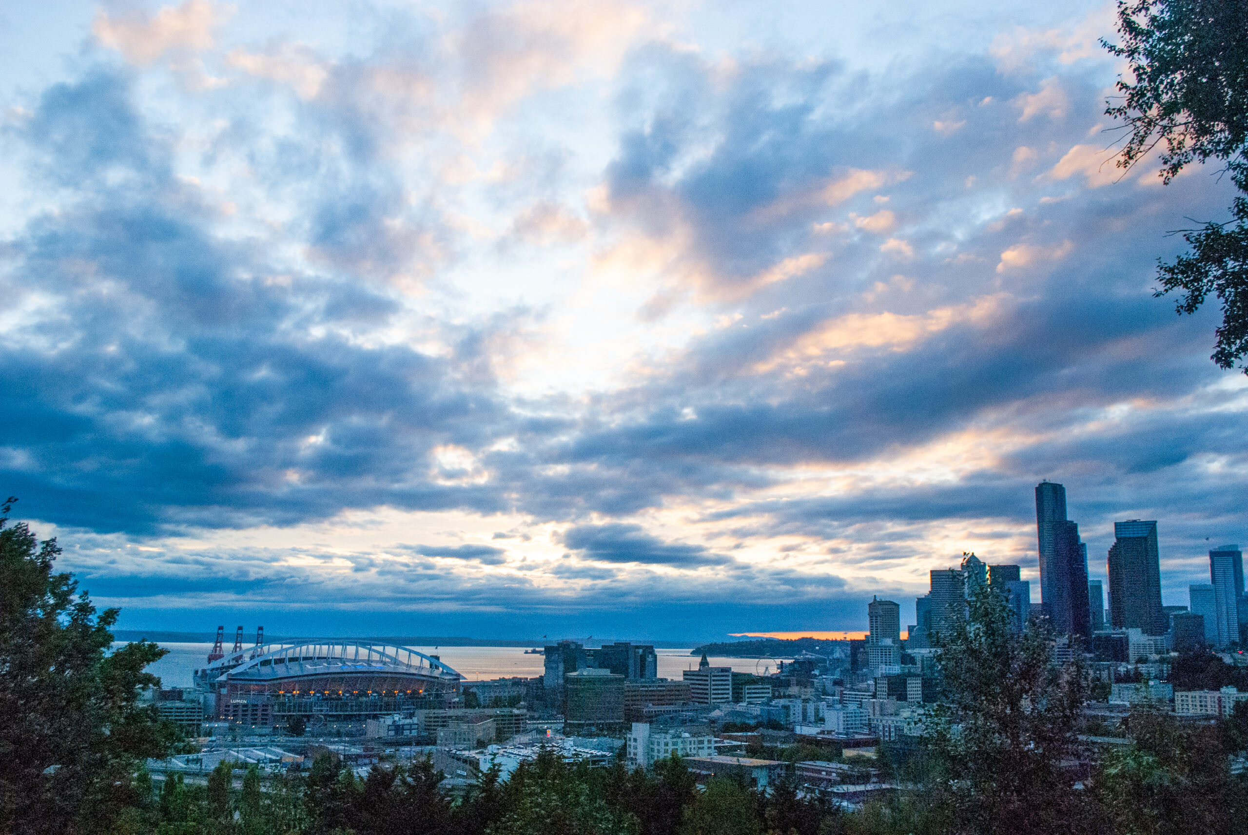 Skyline of buildings next to a large body of water