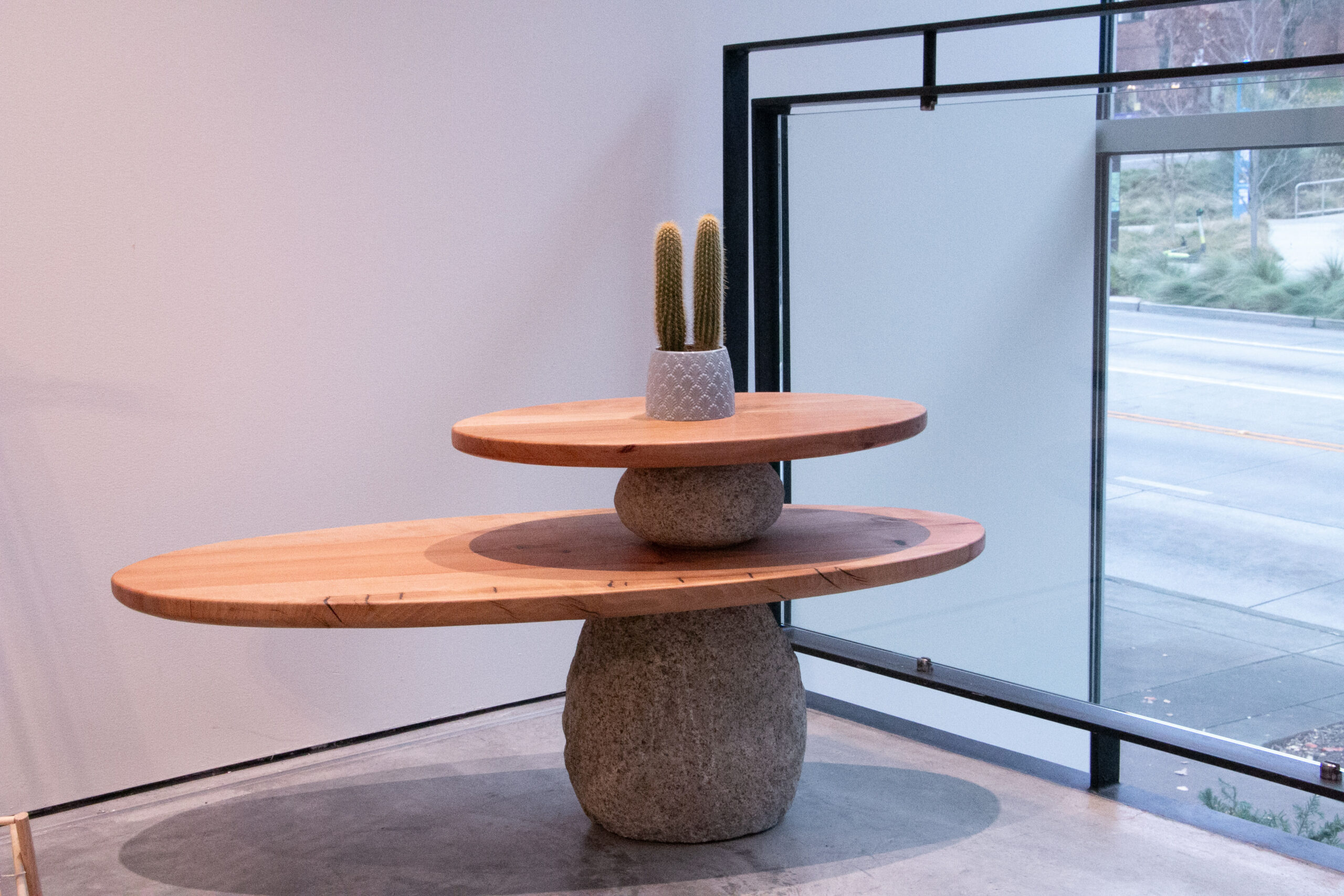 Wooden table with a cactus on top