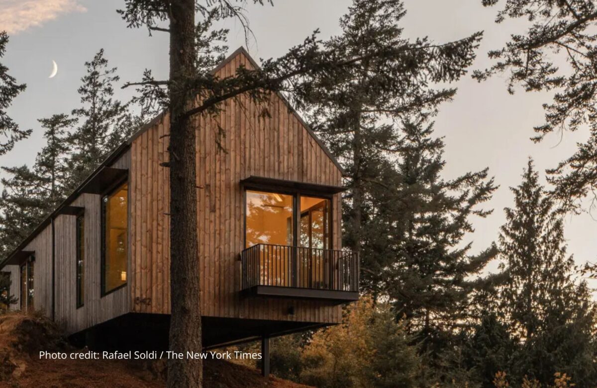 Wooden cabin-like home in a forested area at dusk