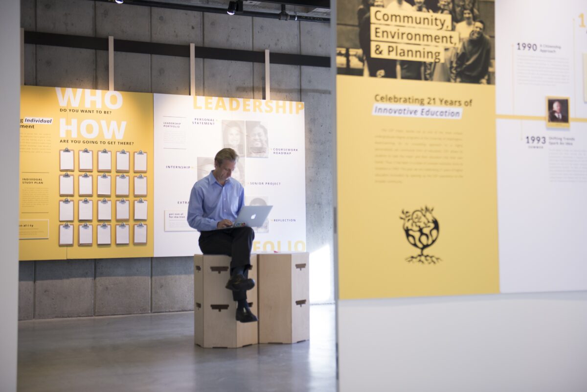 Man sitting in a brightly lit gallery