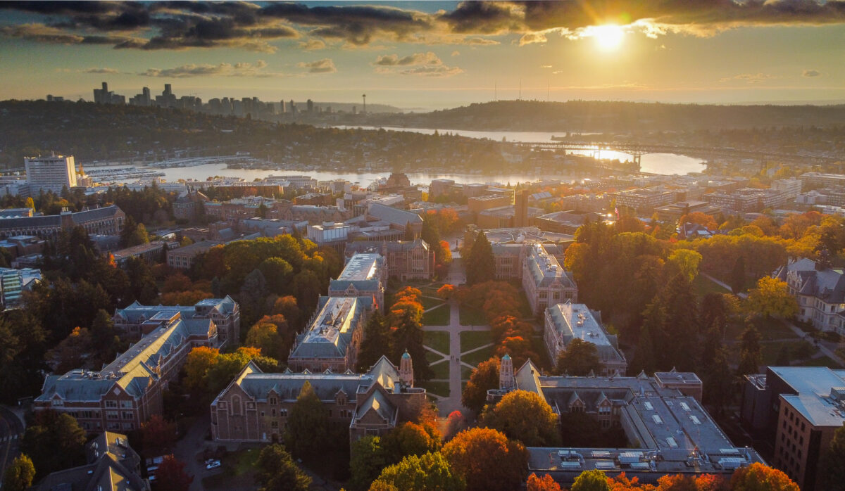 Arial view of Seattle and UW campus