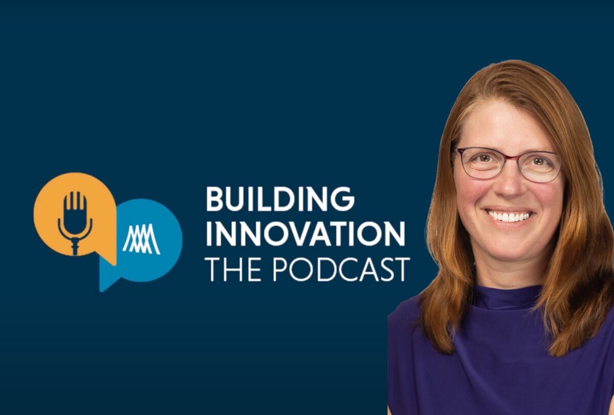 Headshot of Carrie Dossick and the Building Innovation podcast logo