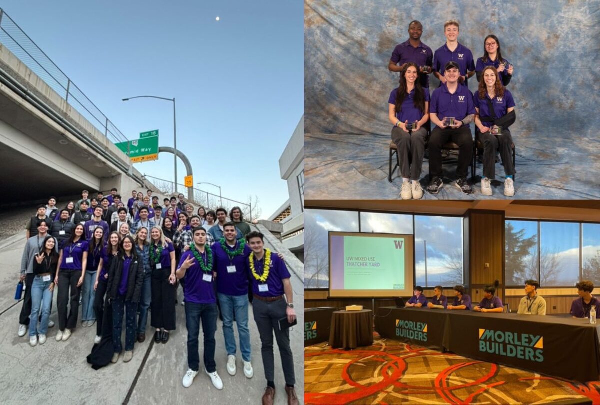 Collage of photos from Reno Competition. Left, a group of student on UW AGC posing for a photo. Top right, Construction Management Sustainability Team posing for a photo with their 2nd place awards. Bottom right, UW AGC team presenting their ideas at a table in front of a room