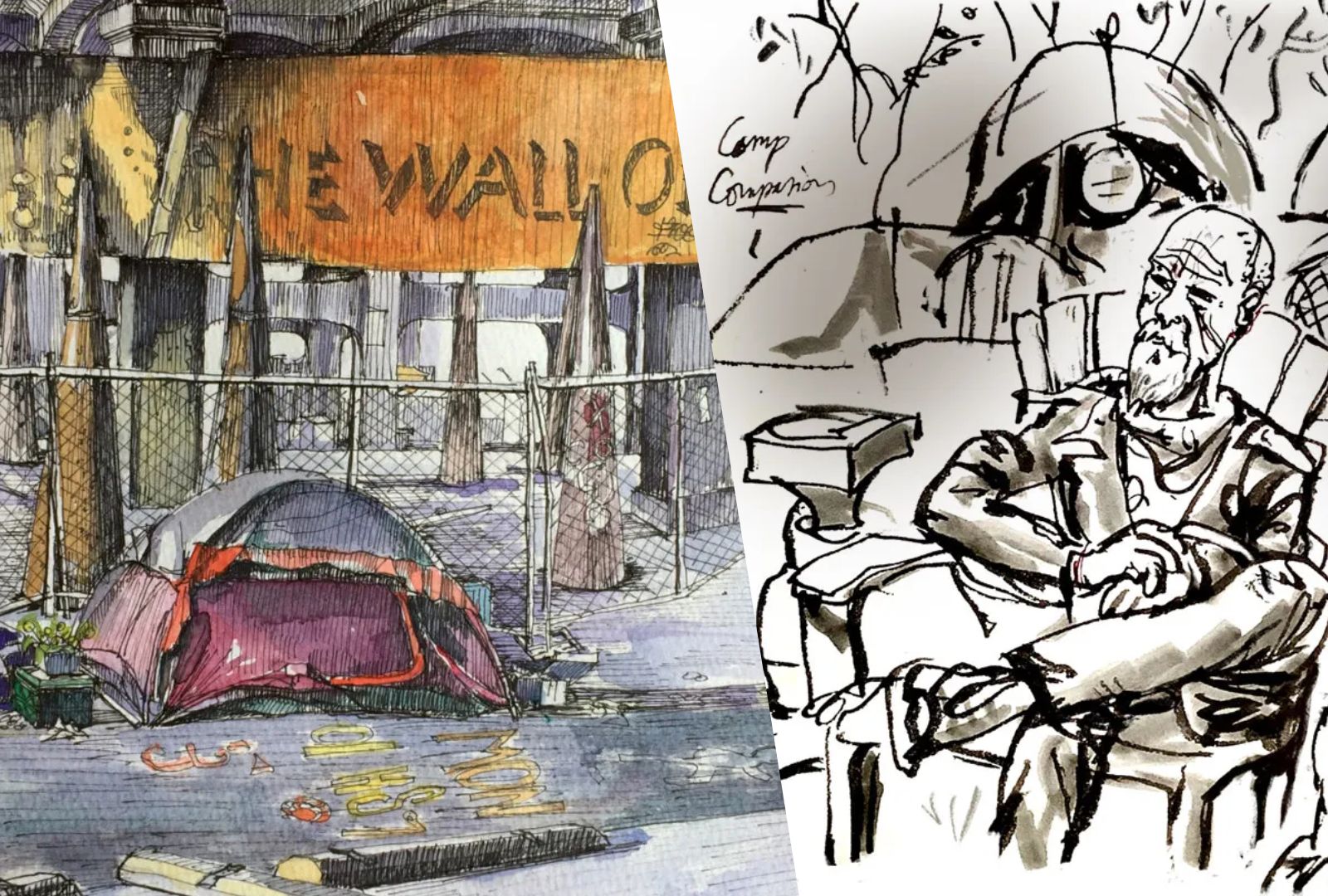 An image of two sketches. On the left is a sketch of a tent in front of the “Wall of Death”. On the right is a sketch of an unhoused individual.