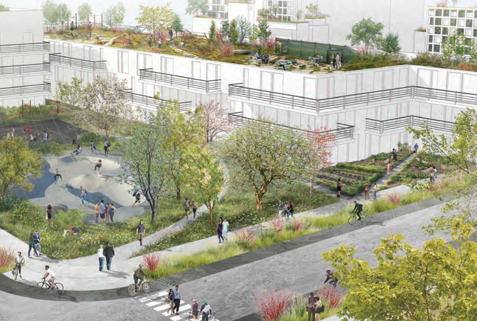 Rendering of an intersection with lots of trees and other greenery