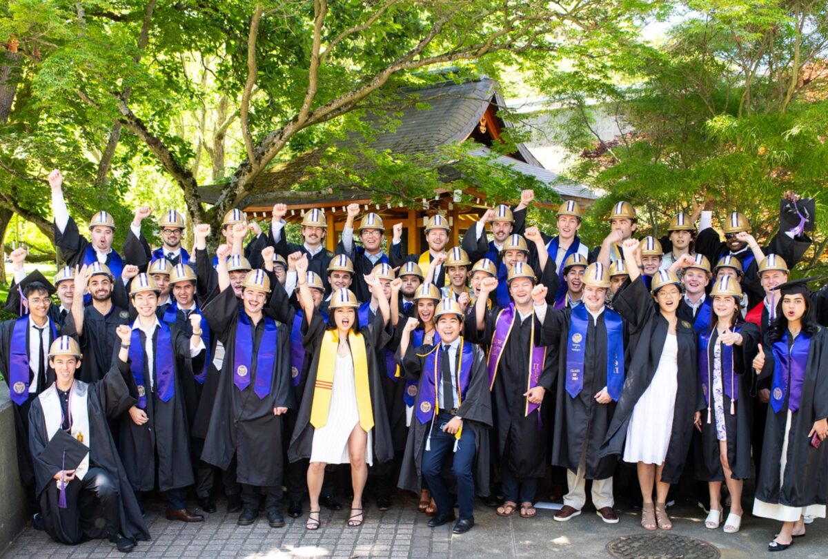 Group of graduates with CBE helmets on and their fists in the air
