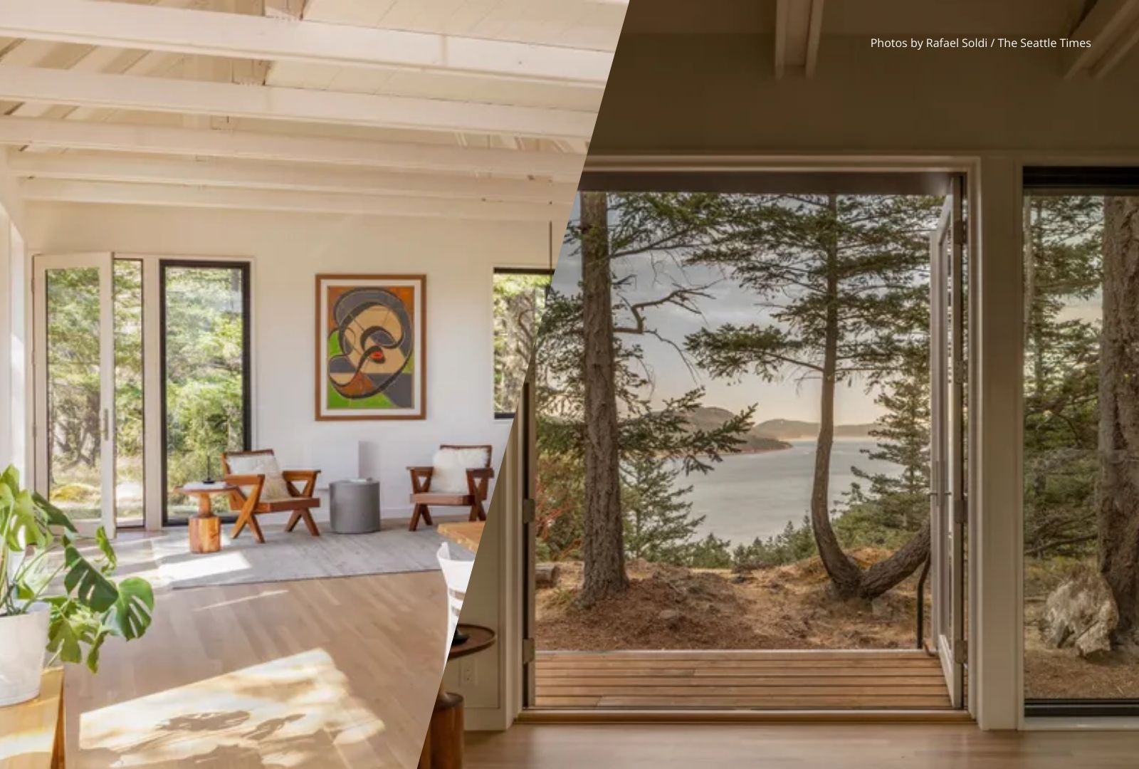Left: interior of a home. Right: view of wooded area outside of home.