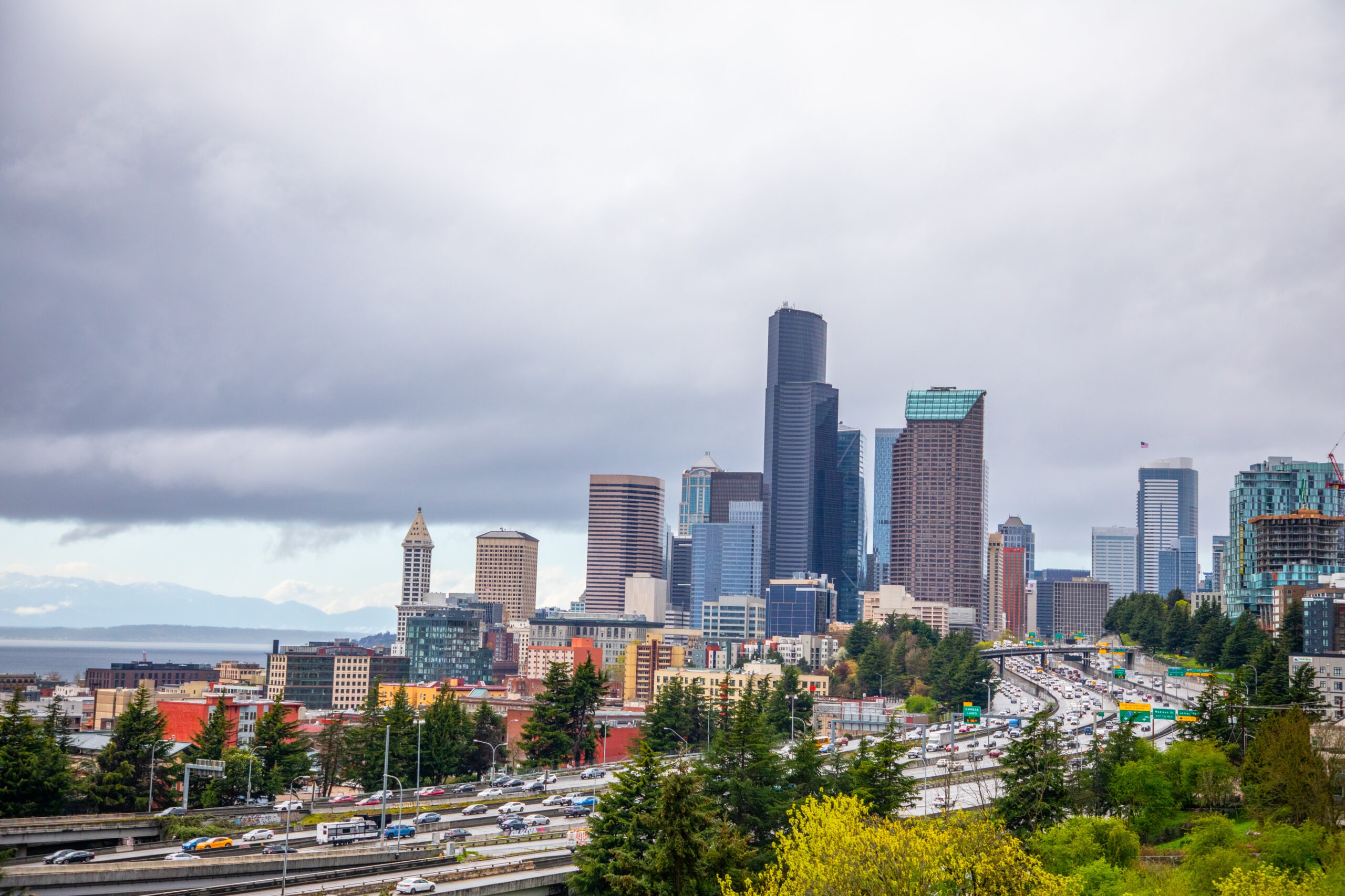 Skyline of city with I-5 in the foreground