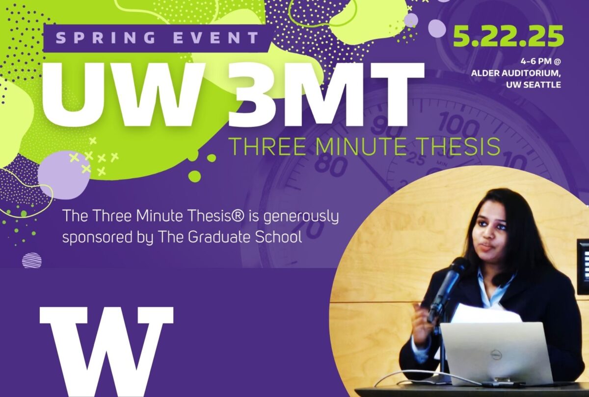 Promotional graphic for the UW Three Minute Thesis (3MT) Spring Event. The design features a bold purple and green color scheme with abstract shapes, a stopwatch in the background, and a photo of a woman speaking at a podium with a microphone and holding papers.