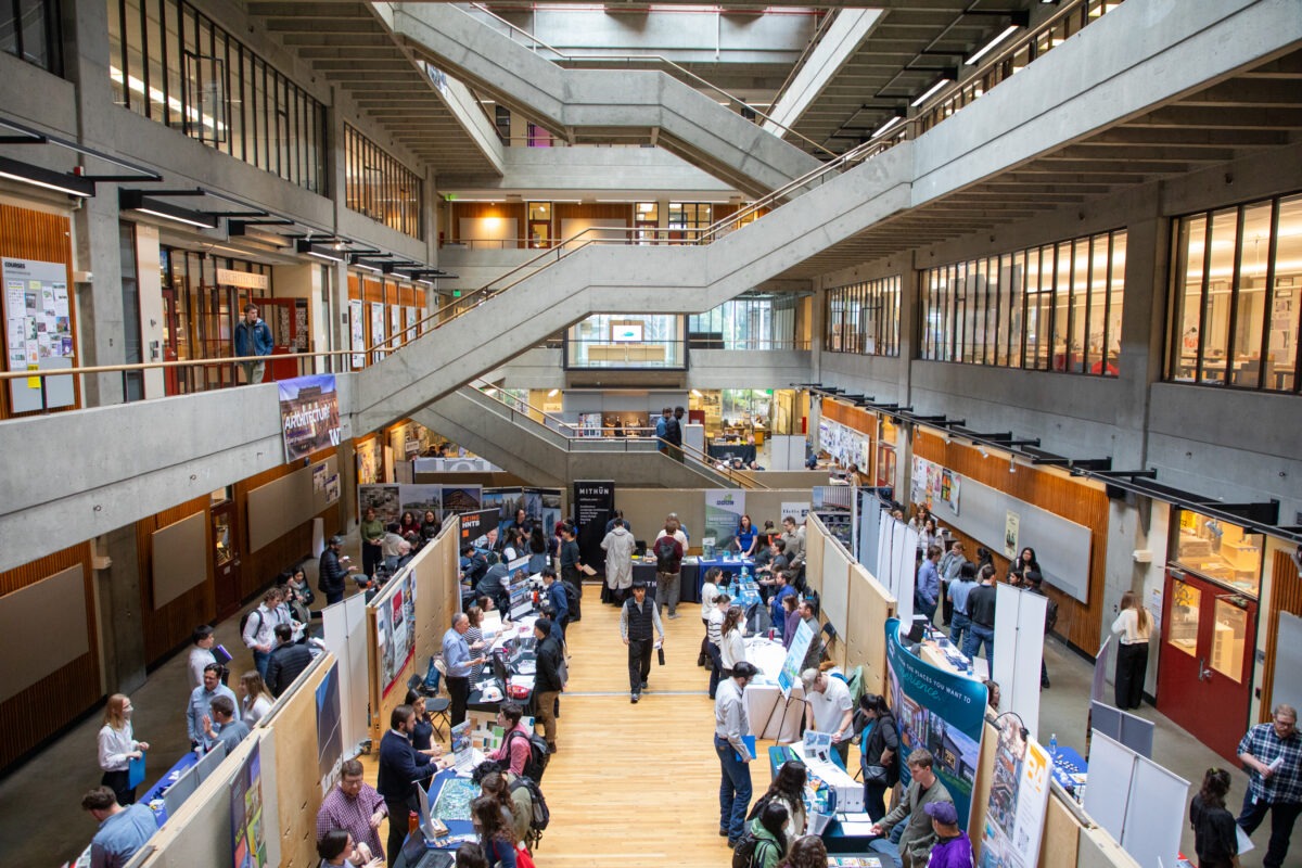 Students in Gould Court at Career Fair