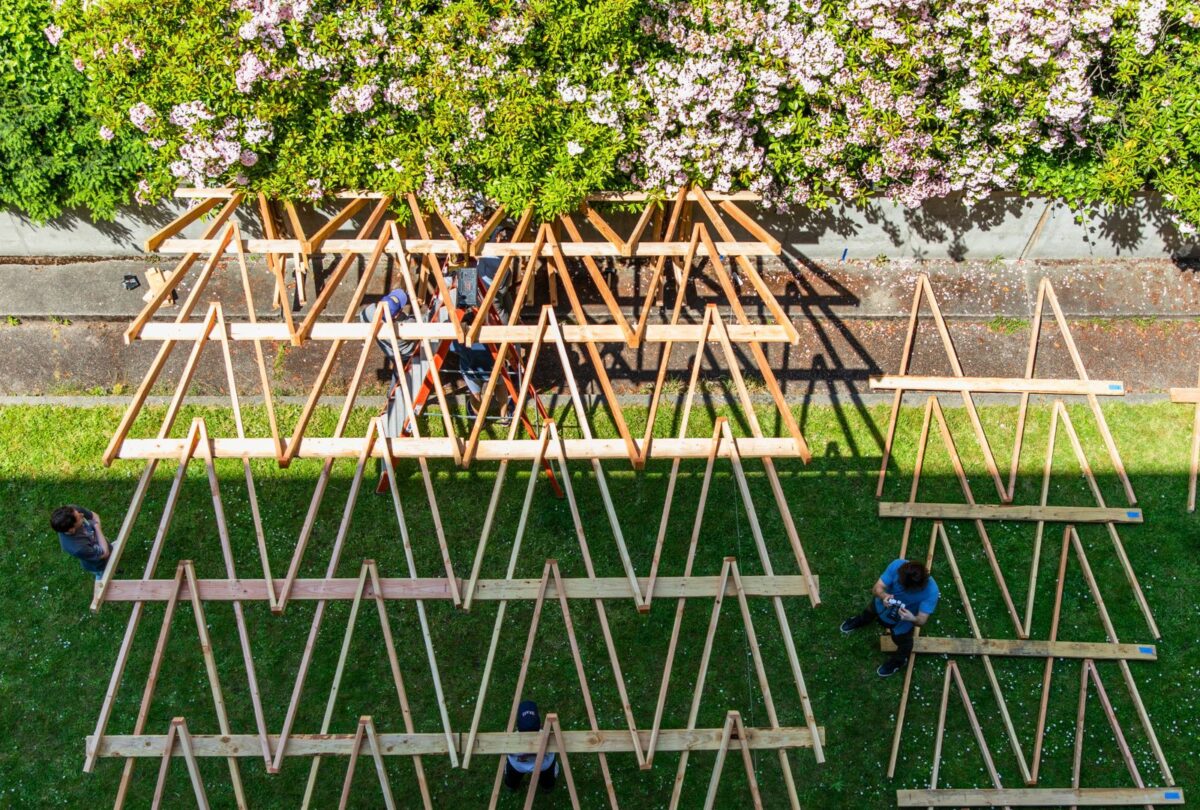 Students build with timber outside Gould Hall