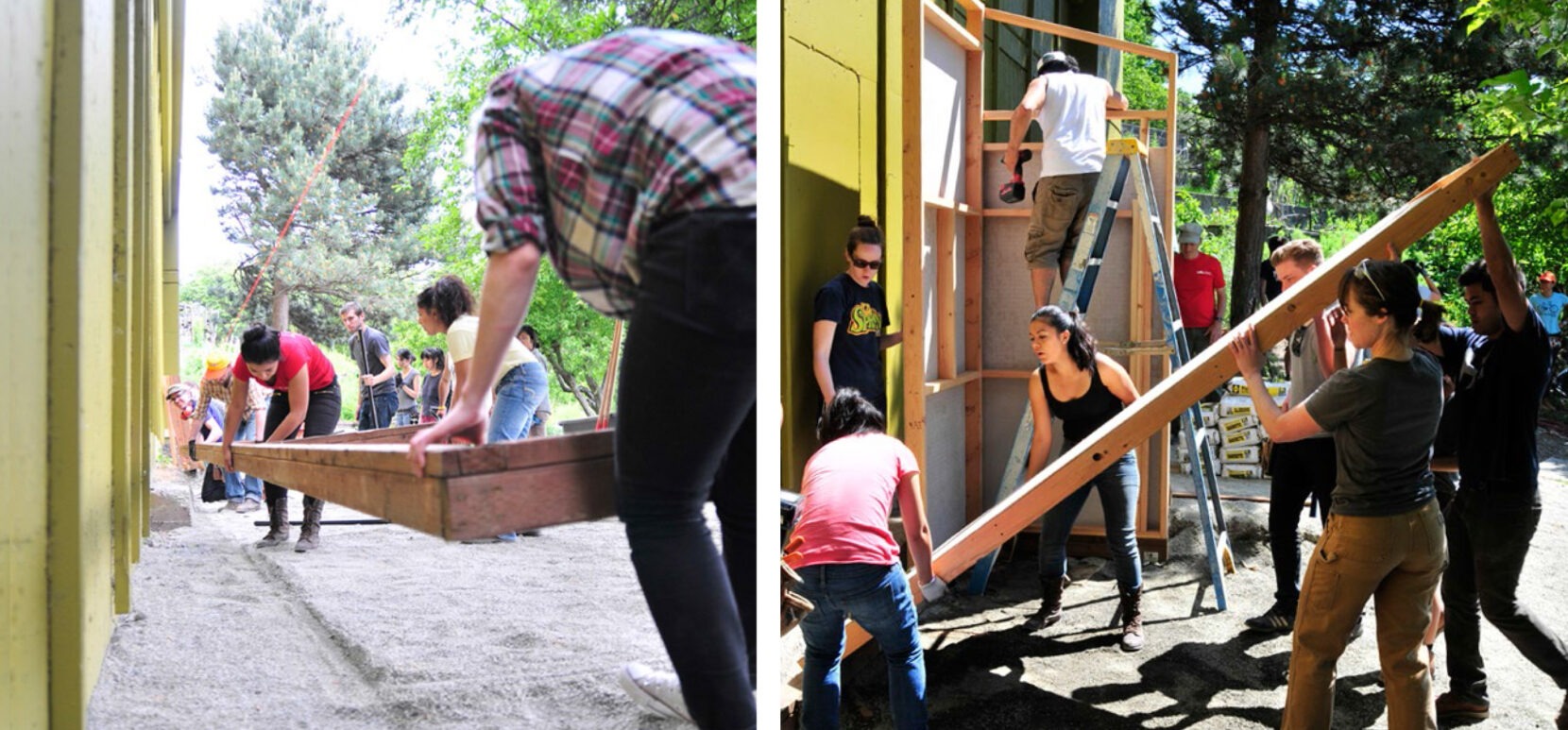 Two images of students building a structure
