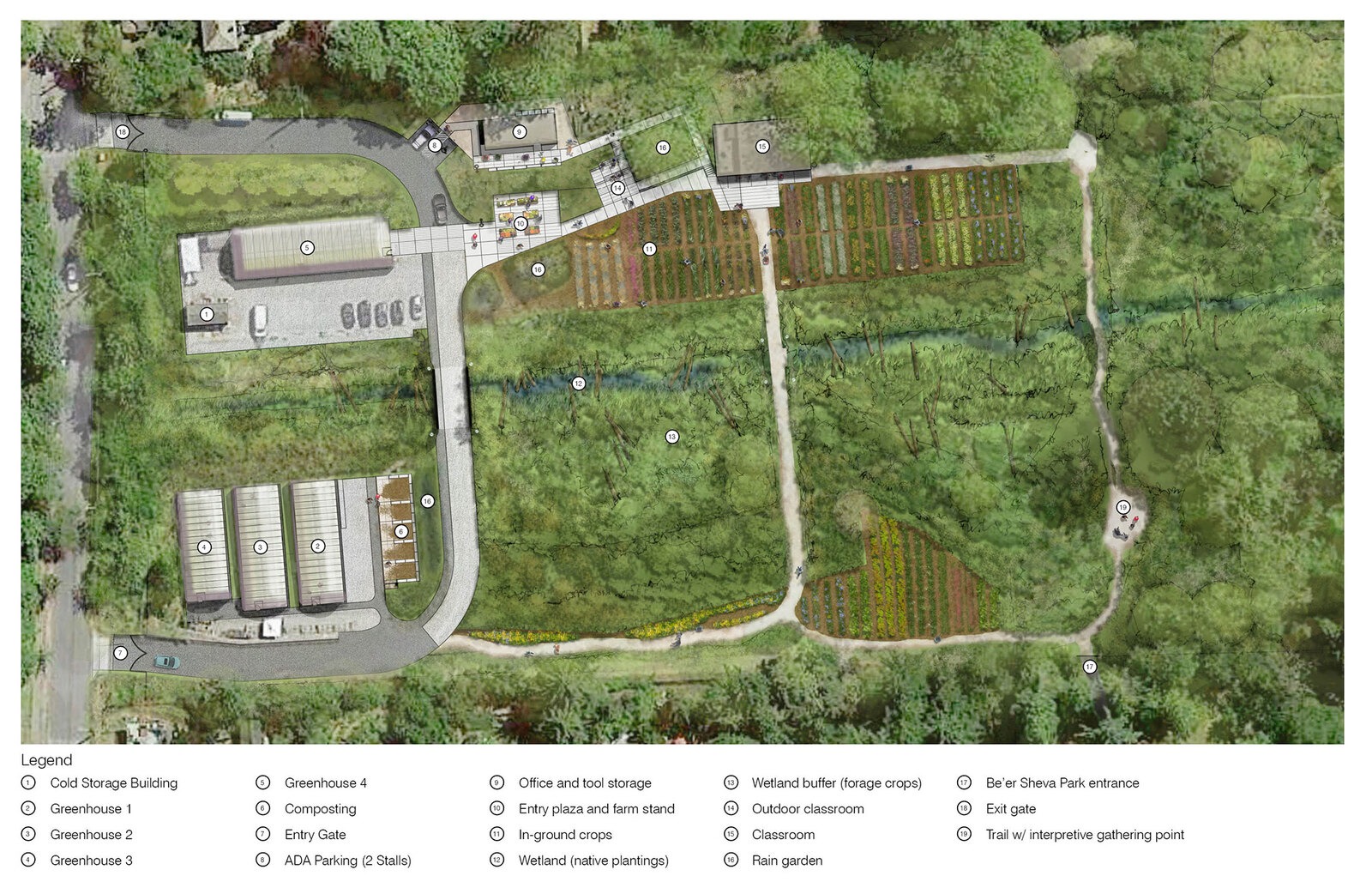 Illustrated site plan of an urban farm showing greenhouses, garden beds, wetland areas, pathways and community buildings with labeled features.