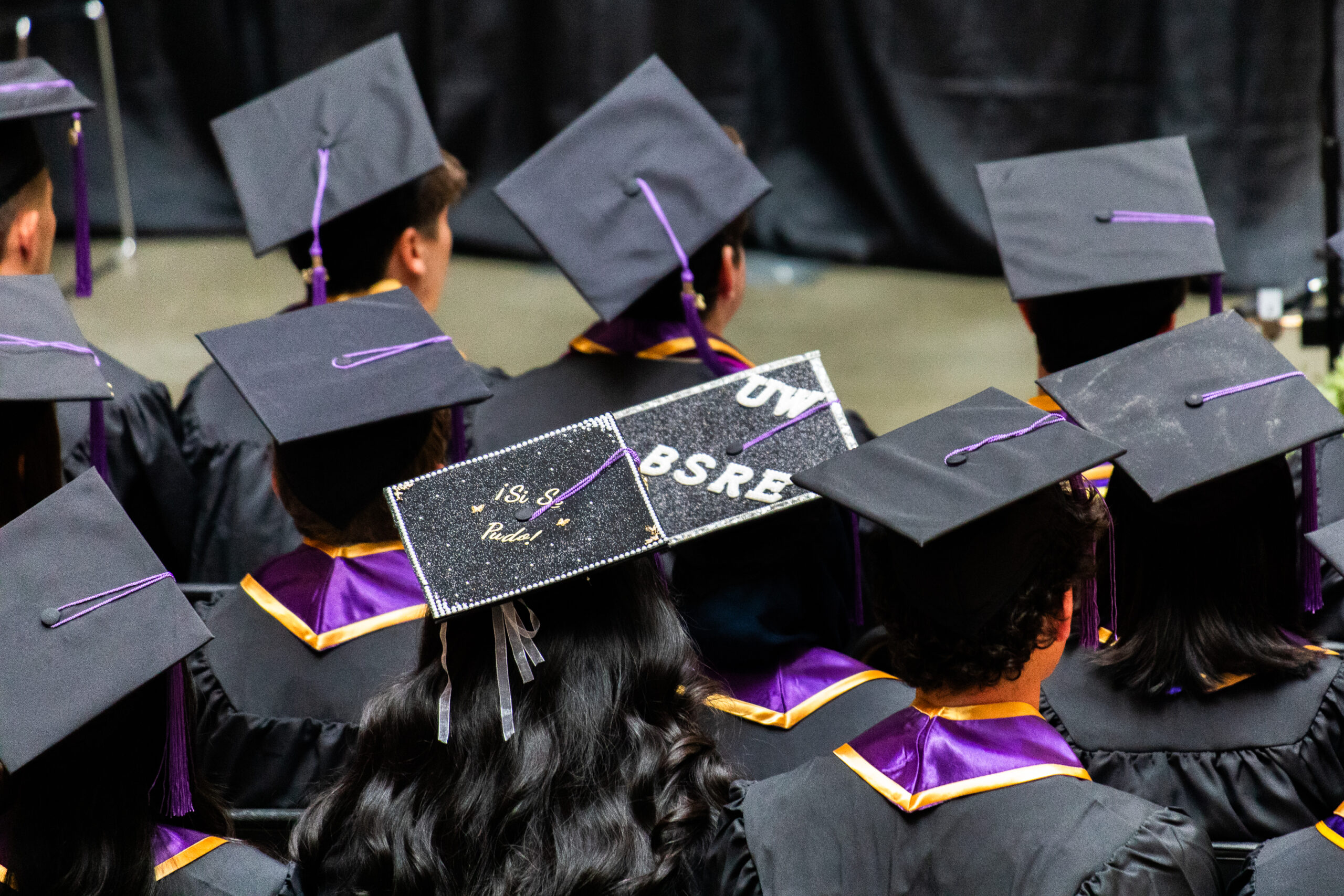 Tops of mortarboards, decorated by graduates